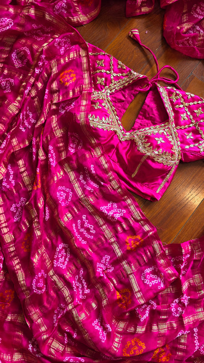 Hot pink Bandhej Pure Gajji Silk saree with Aangi  || Gulabi Jaipur