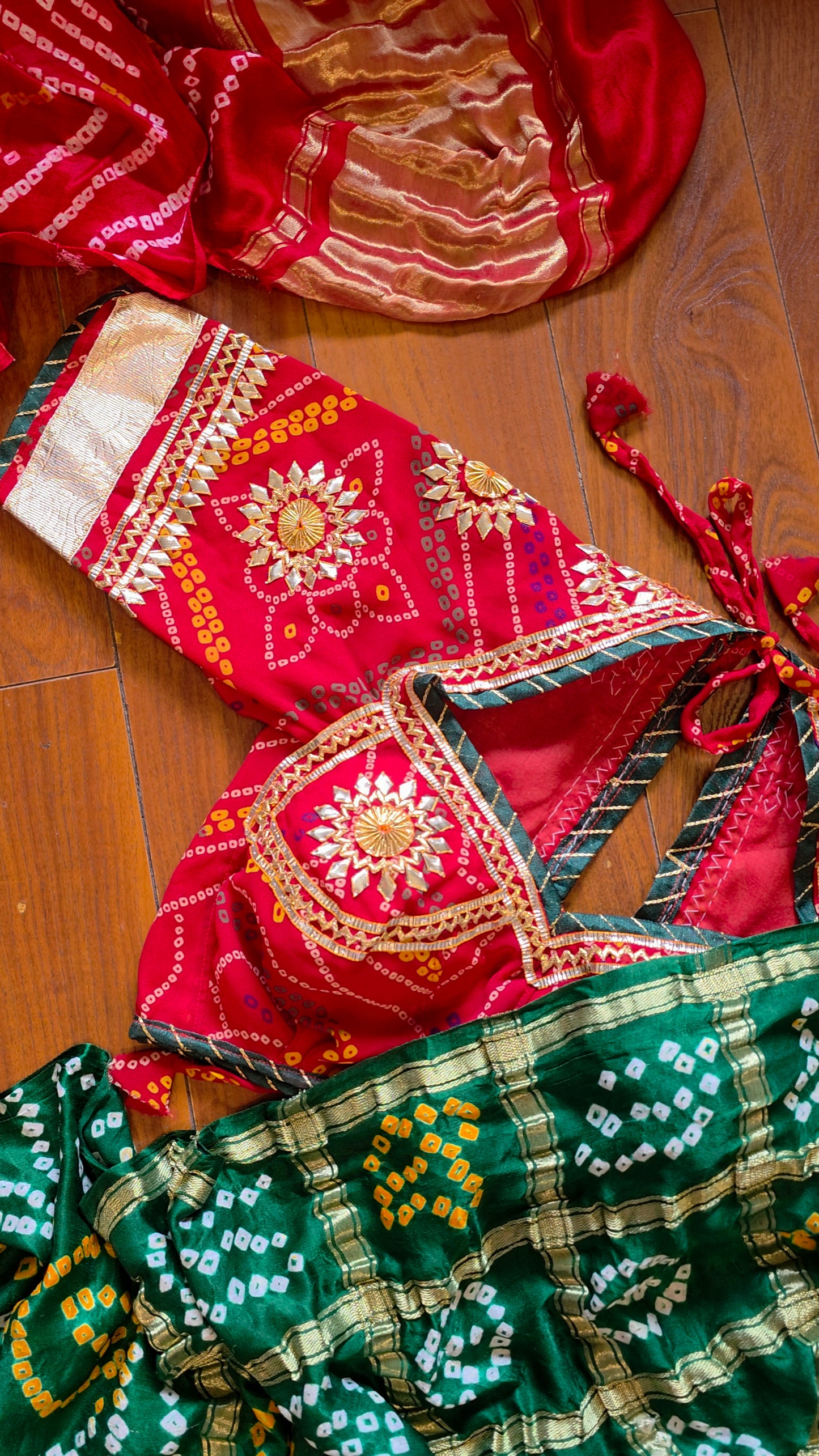 Pure gajji Silk Rai Bandhej  Saree + Ready to wear Bandhni Aangi Blouse || Teejh
