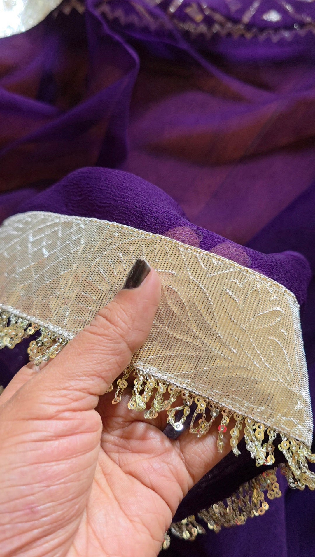 DIamond Chiffon Purple Saree with Lampi Border and Kirna Lace + Angi Blouse with Gota work || Albeli