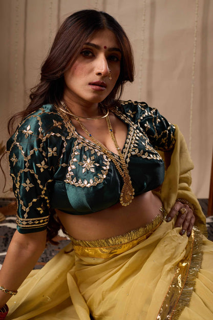 Green Aangi Blouse with Intricate Gota Work || Kajri