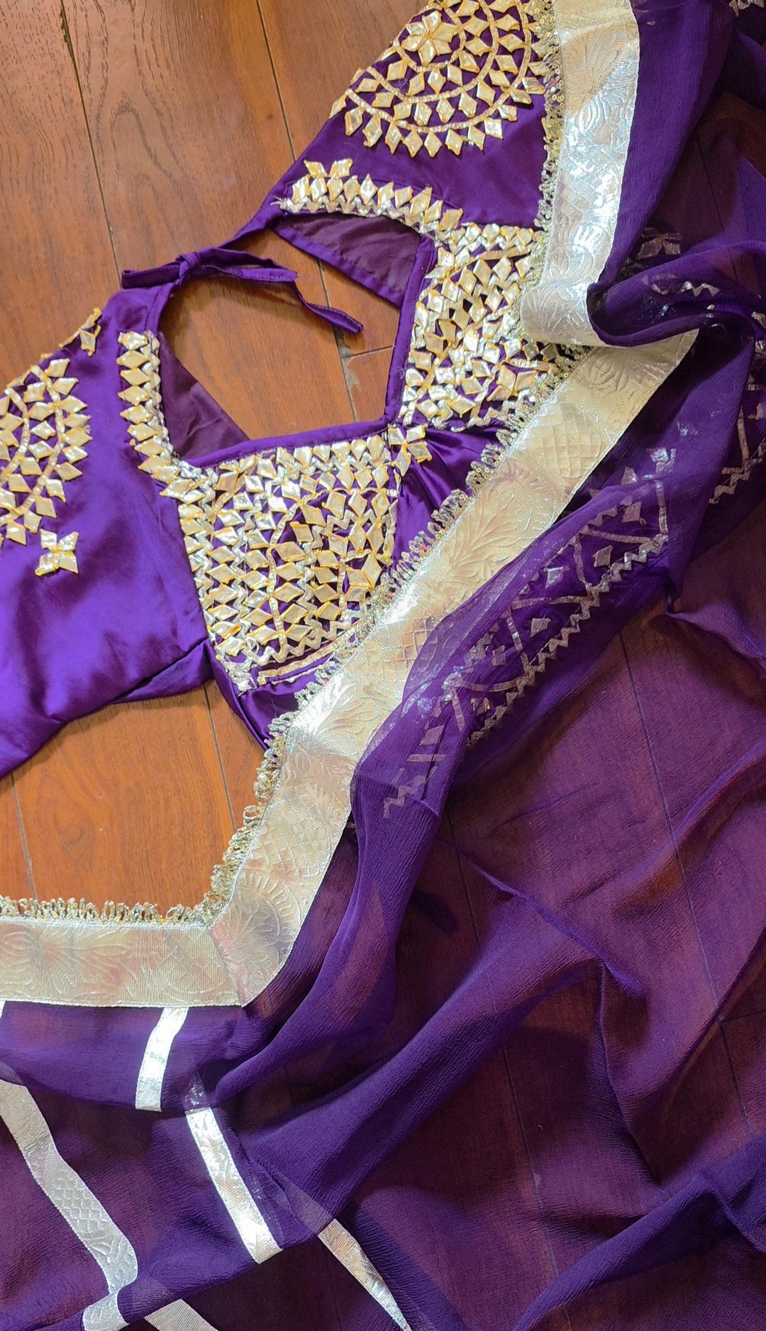 DIamond Chiffon Purple Saree with Lampi Border and Kirna Lace + Angi Blouse with Gota work || Albeli