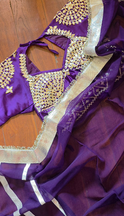 DIamond Chiffon Purple Saree with Lampi Border and Kirna Lace + Angi Blouse with Gota work || Albeli