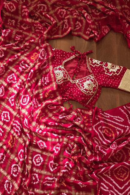 Pure Gajji Silk Rai Bandhej Saree  + Bandhni Aangi || Kesar