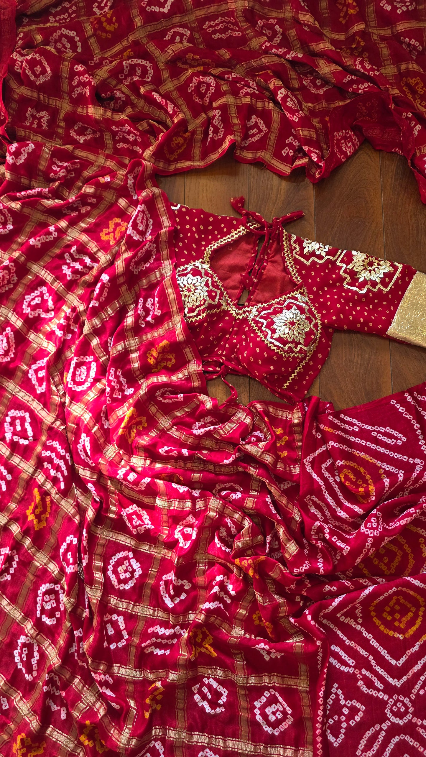 Pure Gajji Silk Rai Bandhej Saree  + Ready to wear Bandhni Aangi Blouse || Kesar