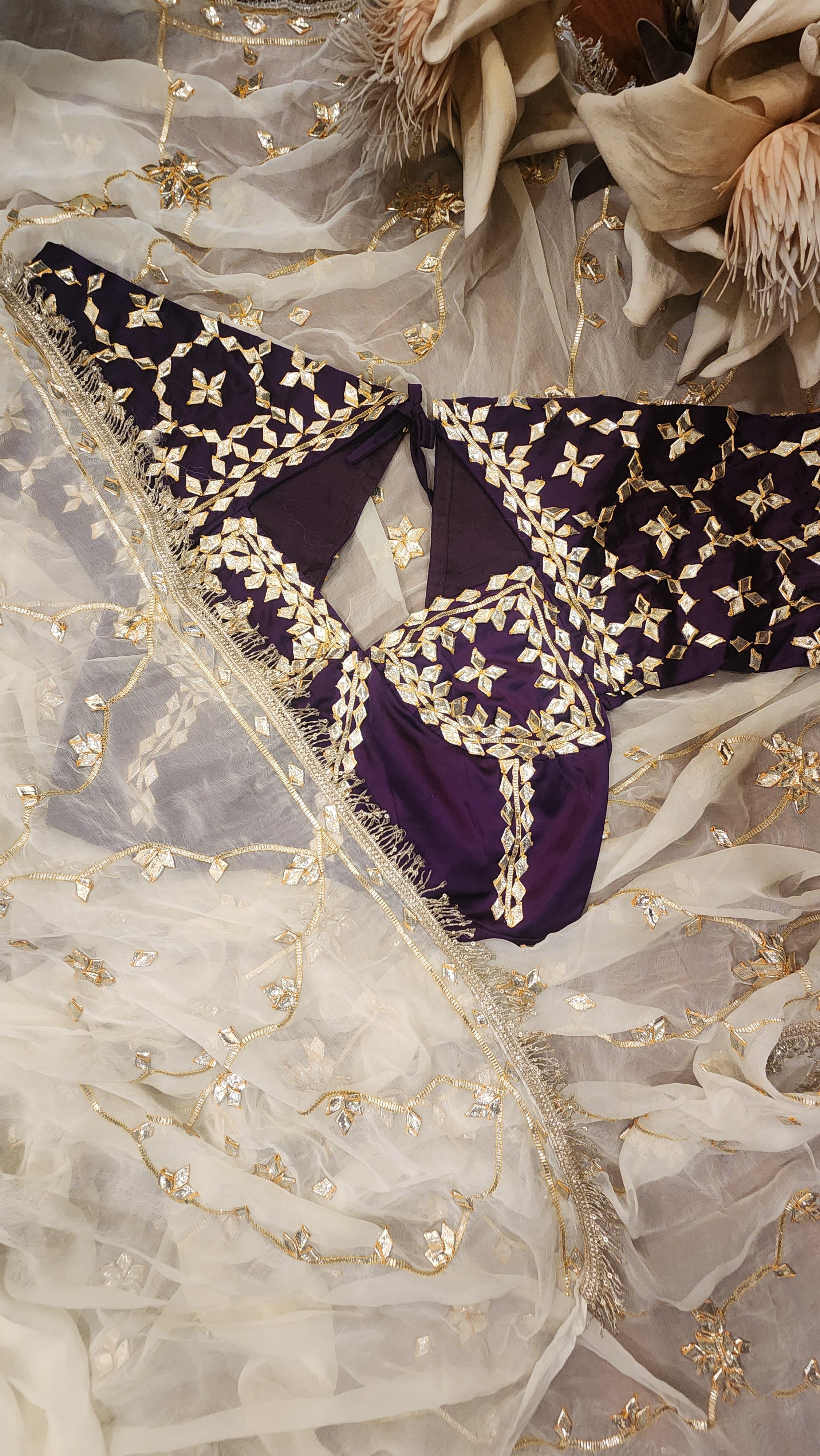 Y U V I N I   || Pure Chiffon Saree with Ready to wear Angi Blouse Gota Patti