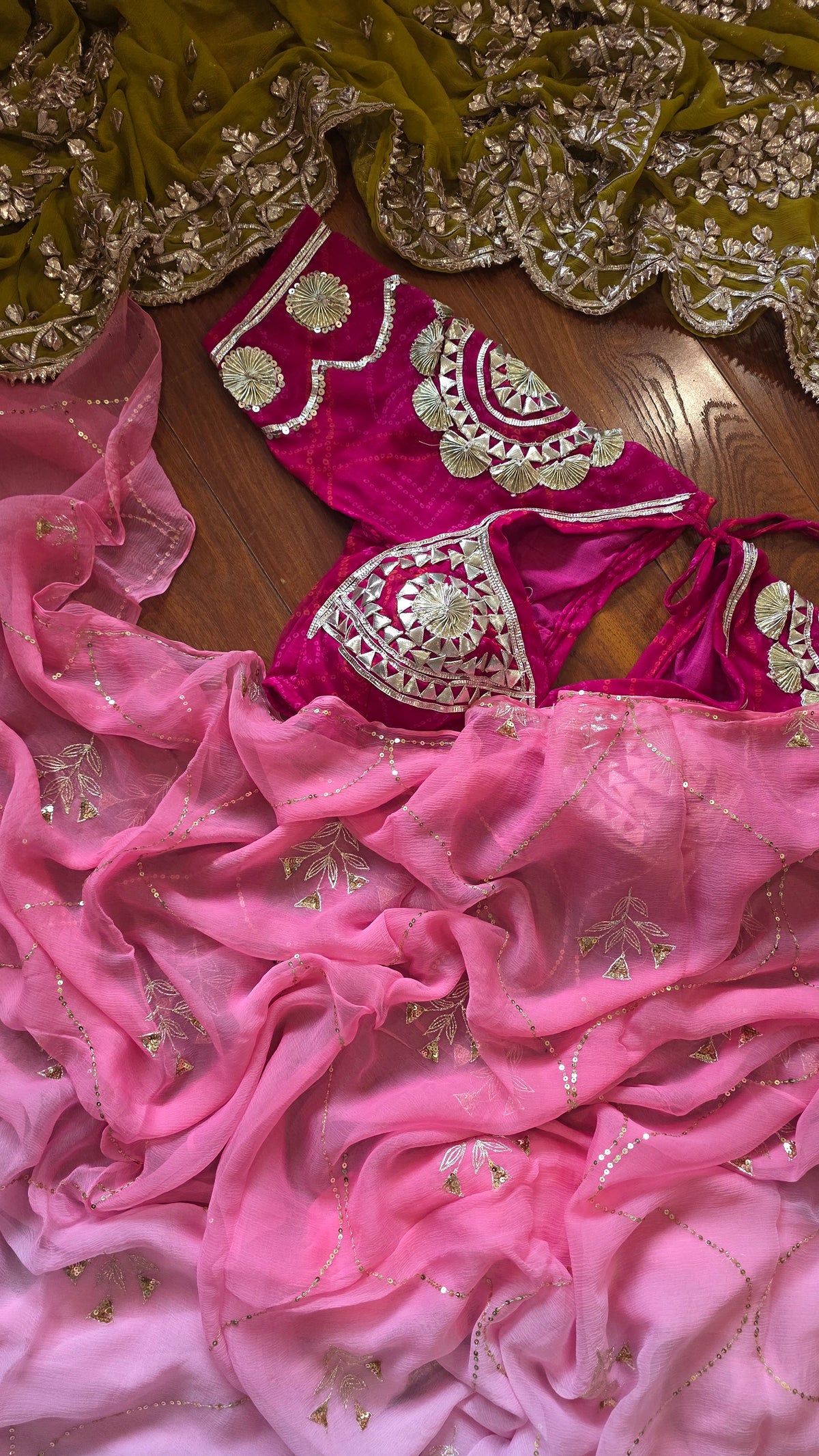 Pure Diamond Chiffon Saree +  Heavy work Aangi - Ghulabi Thand